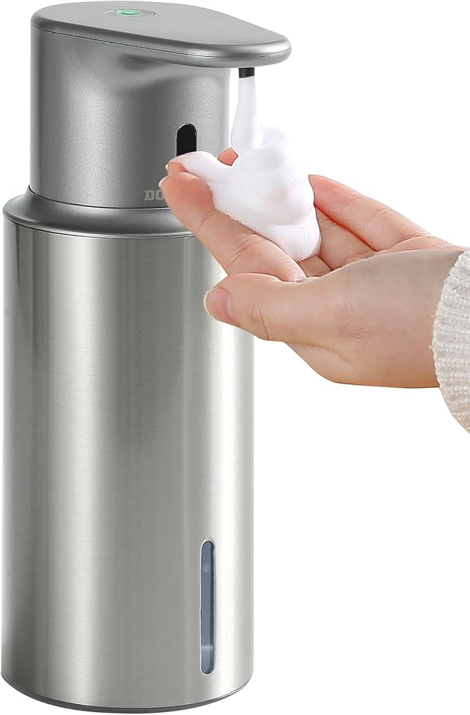 DODO MEKIA Automatic Foaming Soap Dispenser Touchless, 304 Stainless Steel Bottle Body &16.2oz/480ml Rechargeable, 3 Adjustable Liquid Levels, IPX7 Waterproof, for Kitchen Bathroom, Stainless Steel