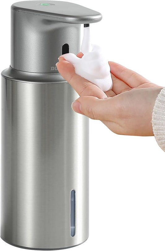 DODO MEKIA Automatic Foaming Soap Dispenser Touchless, 304 Stainless Steel Bottle Body &16.2oz/480ml Rechargeable, 3 Adjustable Liquid Levels, IPX7 Waterproof, for Kitchen Bathroom, Stainless Steel