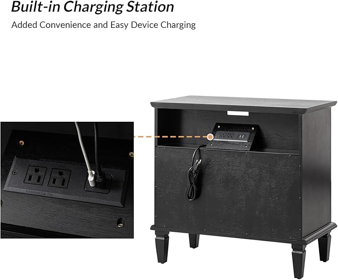 HULALA HOME Farmhouse End Table with Charging Station, End Table with USB Ports & Outlets, Fluted Pilasters Design Side Table with Open Space and 2 Drawers Dresser for Living Room, Black