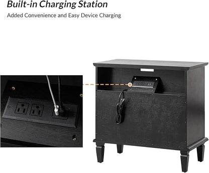 HULALA HOME Farmhouse End Table with Charging Station, End Table with USB Ports & Outlets, Fluted Pilasters Design Side Table with Open Space and 2 Drawers Dresser for Living Room, Black