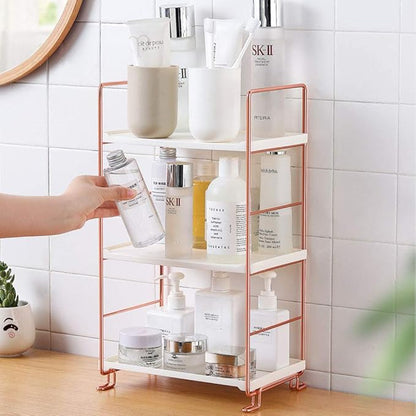 kaileyouxiangongsi Plastic/Metal Freestanding Stackable Organizer Shelf,Bathroom Countertop Storage Shelf Cosmetic Organizer Holder Kitchen Spice Rack,3-Tier Standing Rack (Rose Gold)