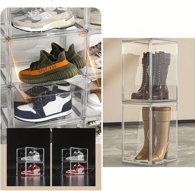 Acrylic Shoe Storage Boxes – Clear Plastic Stackable Shoe Organizer For Closet, Space Saving Shoe bins With Magnetic Doors 2 Lids Open For Sneakers, Trainers, Pumps, Heels, Flats (Clear- 4 Pack)
