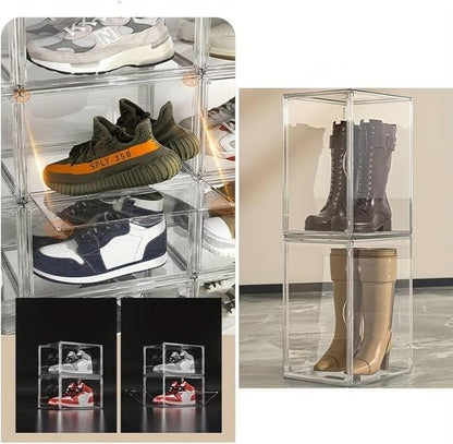 Acrylic Shoe Storage Boxes – Clear Plastic Stackable Shoe Organizer For Closet, Space Saving Shoe bins With Magnetic Doors 2 Lids Open For Sneakers, Trainers, Pumps, Heels, Flats (Clear- 4 Pack)