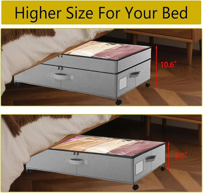 SHAJOPH Under Bed Storage with Wheels Height Adjustable 2 Pack Under Bed Storage Containers with Clear Lid & Handles Rolling Under Bed Drawers for Clothes Shoes Toys Blankets Grey