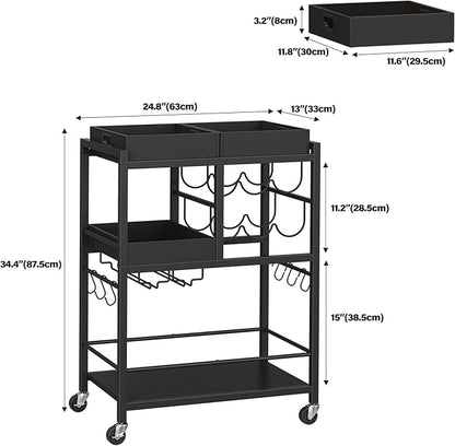 TUTOTAK Bar Cart, Home Bar Serving Cart, 3-Tier Kitchen Cart on Wheels, Rolling Beverage Cart with Wine Rack and Glass Holder, Black BC01BK037