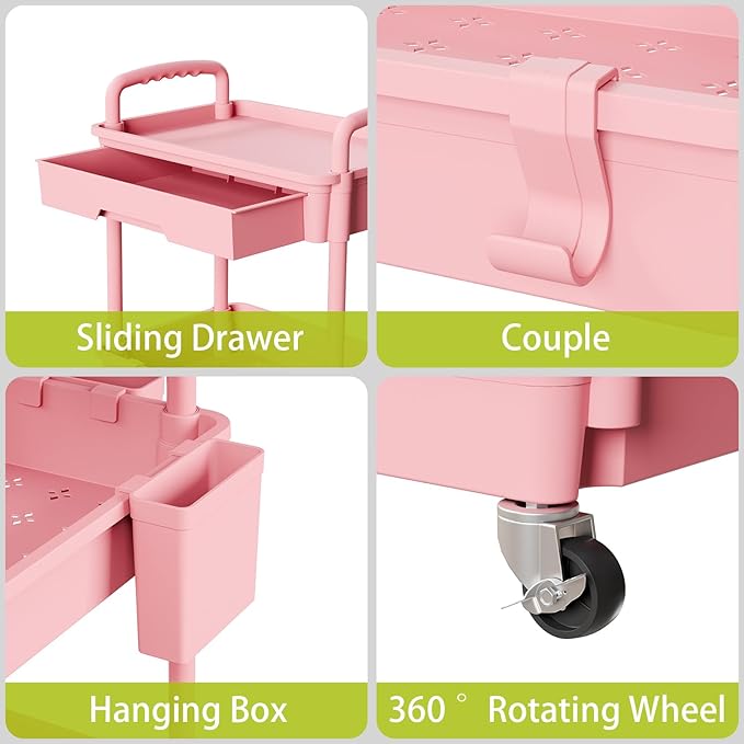 Sorgion 5 Tier Rolling Cart Organizer,Bathroom Cart Organizers with Wheels Laundry Room Organization Mobile Shelving Unit Utility Cart Storage Shelves Multi-Functional for Office, Home(Pink)