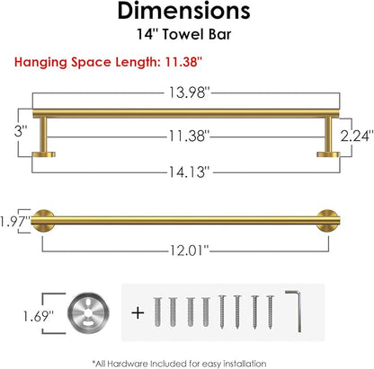 FORIOUS Towel Bar Wall Mounted, Stainless Steel Towel Racks for Bathroom, Includes Wall Mounting Hardware (Brushed Gold, 14 Inch)