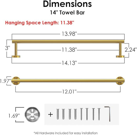 FORIOUS Towel Bar Wall Mounted, Stainless Steel Towel Racks for Bathroom, Includes Wall Mounting Hardware (Brushed Gold, 14 Inch)