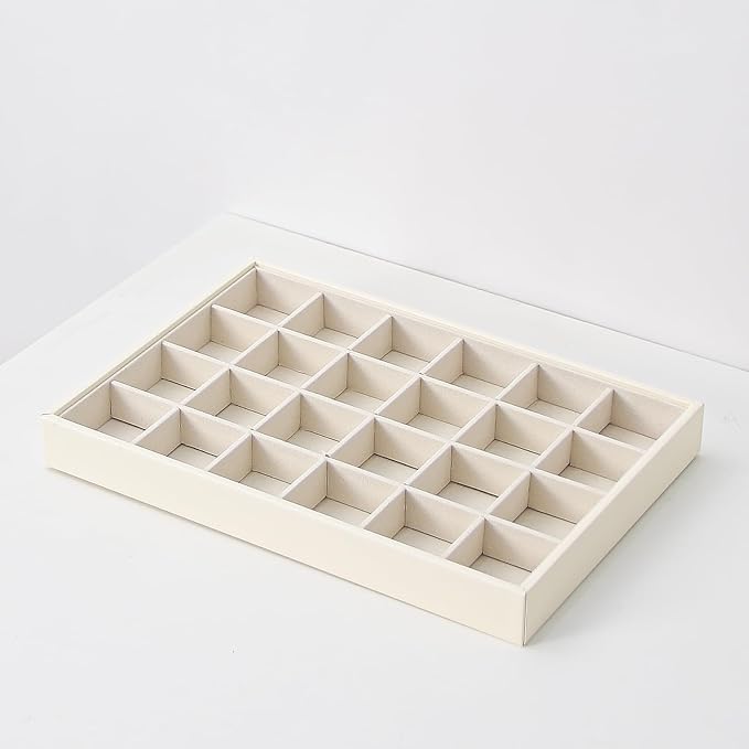 Stackable Jewelry Organizer Tray For Drawers,White Leather Small Earring Storage Tray,Bracelet And Necklace Display Box,Jewelry Ring Display Case (Creamy White 24 Grids)