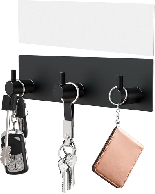 VIS'V Key Holder Wall Mount, Small Metal Self Adhesive Key Hanger with 3 Hooks, No Drilling, Extra Adhesive Strip, Black