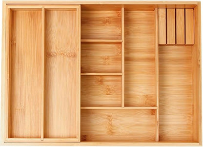 Double Layer Bamboo Kitchen Drawer Organizer Cutlery Utensil Silverware Drawer Organizer, Silverware Tray for Drawer Removable Utensil Holder Flatware Organizer Multi-use Storage Box (L)
