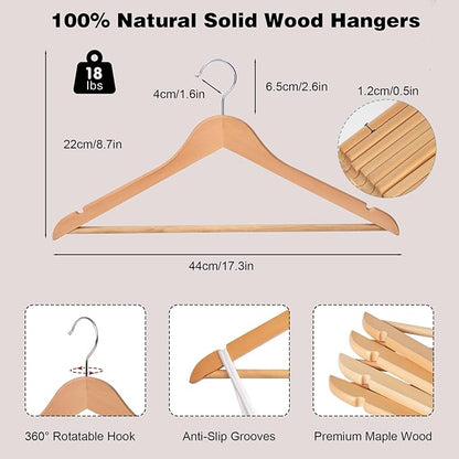 Hapmira Premium Wooden Hangers 10 Pack, Natural Solid Wood Hangers with Trouser Rods and Shoulder Notches, Space Saving for Suits, Shirts, Jackets, Dresses and Pants (20, Natural)