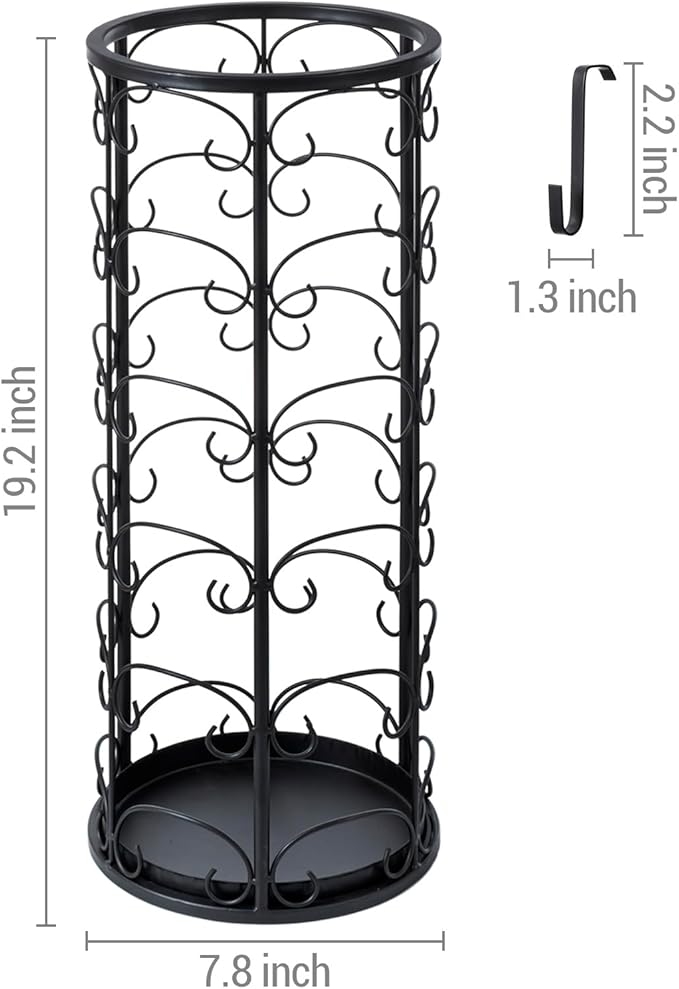 MyGift Matte Black Metal Umbrella Stand with Decorative Vintage Scrollwork, Freestanding Cane or Walking Stick Holder Rack with 3 Hanger Hooks for Compact Travel Umbrellas