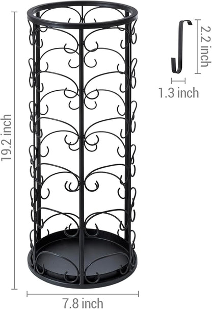 MyGift Matte Black Metal Umbrella Stand with Decorative Vintage Scrollwork, Freestanding Cane or Walking Stick Holder Rack with 3 Hanger Hooks for Compact Travel Umbrellas