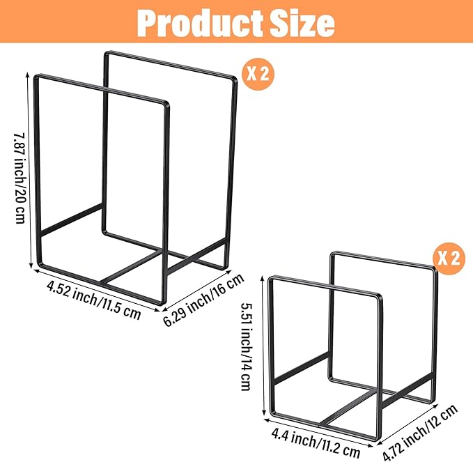 Kifmurase 4 Pieces Plate Organizer for Kitchen Cabinet, Metal Dish Organizers Upright Dish Racks Plate and Bowl Storage Organizer for Pots Pans Cutting Boards (Black, 2 Sizes)