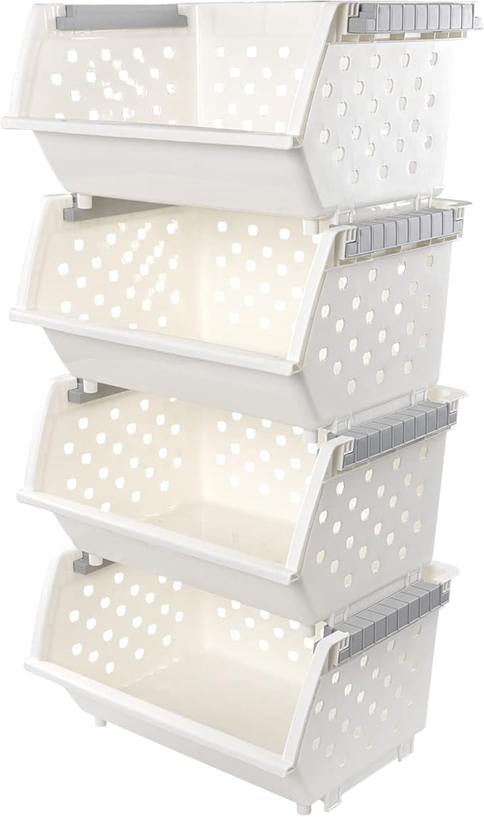 Bringer 4-Pack Plastic Stackable Storage Basket, Kitchen Stacking Organizer Basket, White