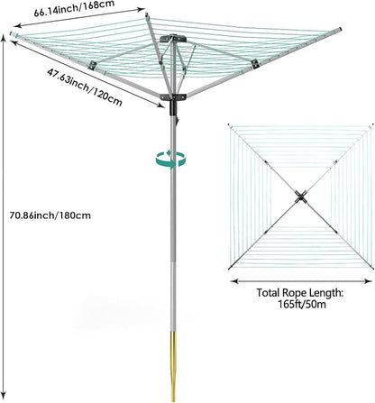 tonchean Rotary Umbrella Drying Rack, Adjustable Height Rotary 4-arm Umbrella Clothesline for Laundry Outdoors Dryer Collapsible Clothes Drying Rack | 12-Lines with 165 ft. Clothesline