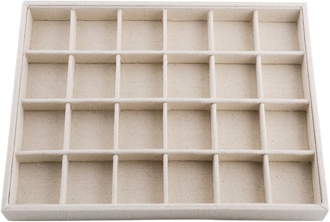 Oirlv Stackable Linen Jewelry Tray Adjustable 24 Grid Jewelry Storage Case for Drawer or Showcase