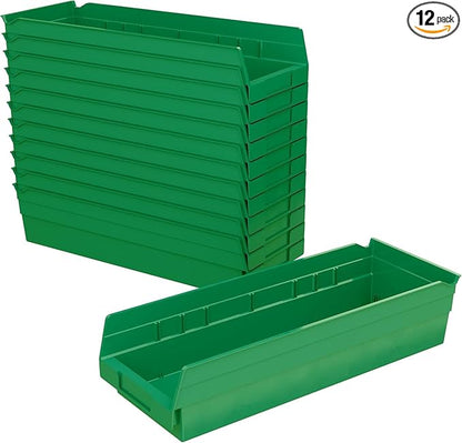Akro-Mils 30138 Plastic Shelf Bins, Heavy Duty Storage Bins for Garage, Closet, and Drawer Organization, 18-Inch x 6-1/2-Inch x 4-Inch, Green, 12-Pack