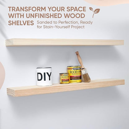 Homeforia 36 inch Wood Floating Shelves, High End Solid Natural Wood 36inch Large Floating Shelf Bathroom, Unfinished Wooden Floating Shelves for Wall, Heavy Duty Bracket, 36 X 6.5 X 1.75 in, Set of 3