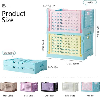 Stackable Plastic Closet Storage Basket, 2 Pack Foldable Closet Organizers and Storage Bins, Decorative Basket for Closet, Shelves, Laundry, Wardrobe Organizing (Pink Blue + Yellow Blue)
