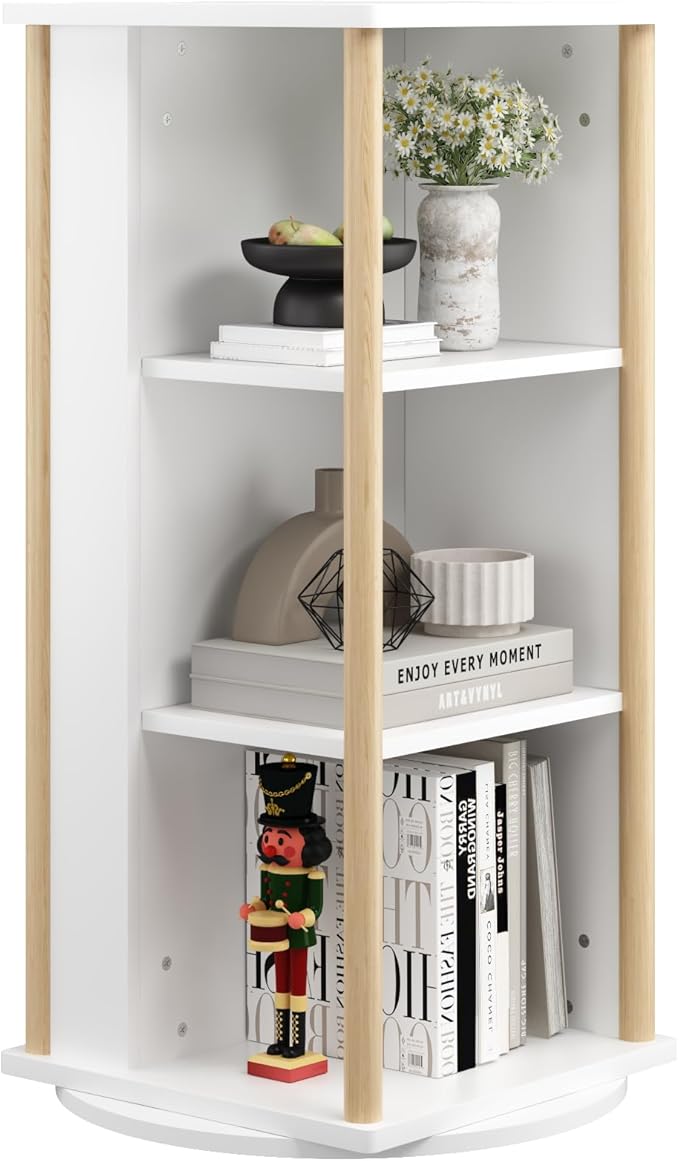Kids Rotating Bookshelf, 360° Spinning Bookcase with Chalkboard, 3 Tier Wooden Toy Storage Shelf & Picture Book Organizer for Toddlers Nursery Playroom Bedroom, White & Natural