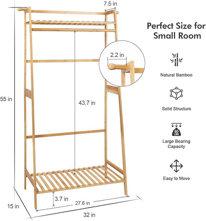 Ufine Bamboo Clothes Hanging Rack with 2 Tier Storage Shelves and 2 Coat Hooks Portable Laundry Rack Cloest Organizer Garment Rack for Bedroom Guest Room