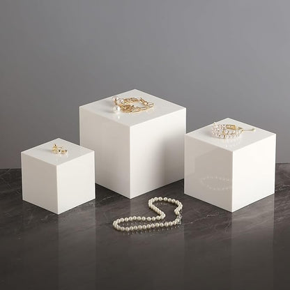 Glossy White Acrylic Cubes Display Nesting Risers,for displays and photography,displaying jewelry, cosmetics, figures,for retail counter,exhibition, Set of 3(4",5",6" cubes) (Glossy White)