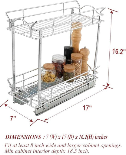 OCG Slide Out Cabinet Organizer for Narrow Cabinet (7" W X 17" D), 2 Tier Pull Out Shelves Slim Sliding Cabinet Organizer and Storage, Chrome