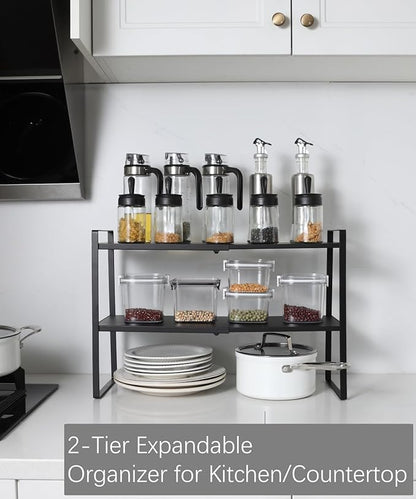 2-Tier Expandable Shelf Organizer for Kitchen Cabinet, Countertop, Pantry & Under-Sink Storage(black)