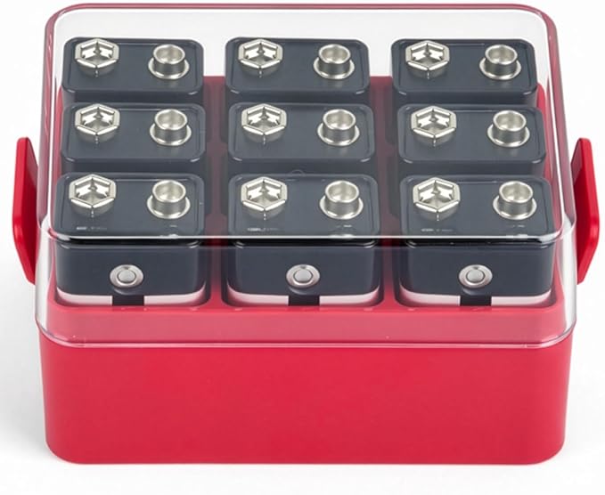 ALCYON Battery Organizer Storage Case, Battery Vault Box Container for 12pcs 9V Batteries, Plastic Clear Protective Battery Holder for Travelling/Home/Office (Red,Small)