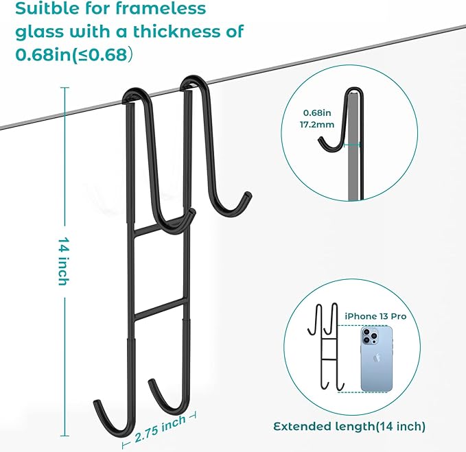 Cerbonny Shower Door Hooks (14 Inch), 2 Pack Super Extended Towel Hooks for Bathroom, Over Door Hooks, Shower Hooks for Frameless Glass Door, Black