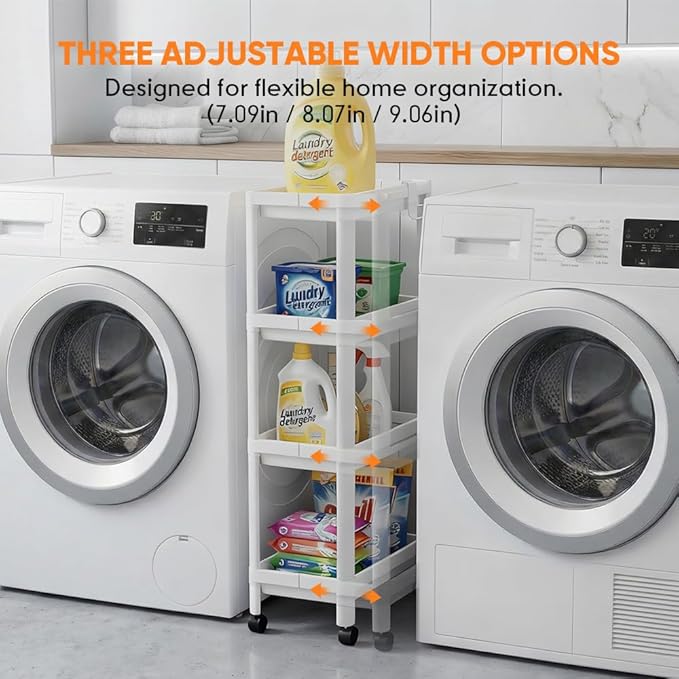 Laundry Room Cart Between Washer and Dryer Storage, Expandable Slim Laundry Cart with Wheels, 4 Tier Slim Storage Rolling Carts for Laundry Room Organization and Storage