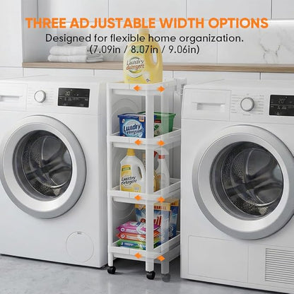 Laundry Room Cart Between Washer and Dryer Storage, Expandable Slim Laundry Cart with Wheels, 4 Tier Slim Storage Rolling Carts for Laundry Room Organization and Storage