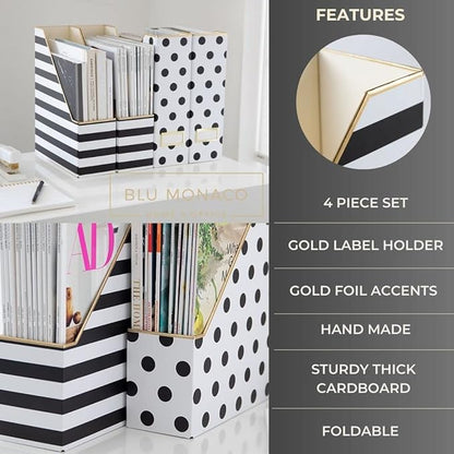 BLU MONACO | Cardboard Magazine File Holder Set of 4 | Vertical Magazine File Holder for Desk and Shelves | Standing File Holder for Classroom School Paper Storage