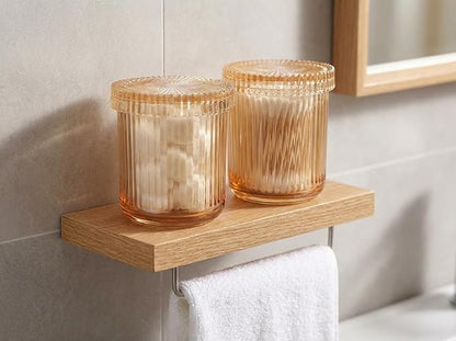 SheeChung Amber Glass Apothecary Jars 2-Pack - Vintage Sunburst Bathroom Organizer & Storage Set - Qtip Holder Dispenser, Vanity Canister for Cotton Swabs, Balls, Pads - Luxury Modern Farmhouse Decor