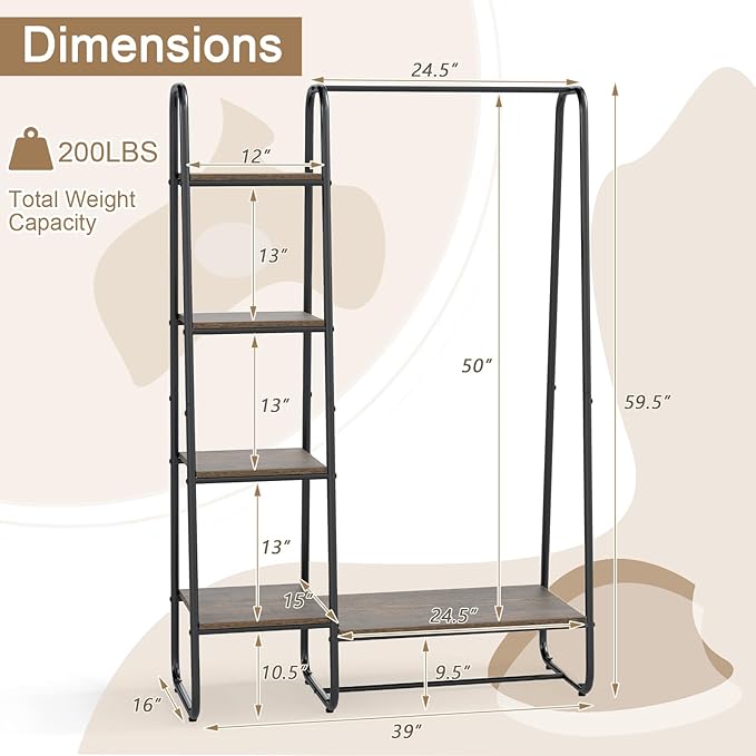 COSTWAY Clothes Rack with Shelves, Heavy Duty Garment Rack with Hanging Rod, 5-tier Shelves, Adjustable Foot Pads, Closet Organizer, Freestanding Wardrobe Clothing Racks for Hanging Clothes (Black)