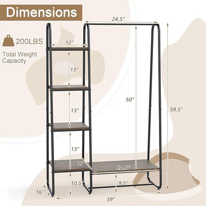 COSTWAY Clothes Rack with Shelves, Heavy Duty Garment Rack with Hanging Rod, 5-tier Shelves, Adjustable Foot Pads, Closet Organizer, Freestanding Wardrobe Clothing Racks for Hanging Clothes (Black)