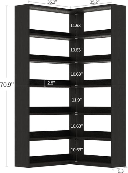 4 EVER WINNER Corner Book Shelf with LED Lights, 71” High Coner Bookshelf with Storage for Living Room, Study Room, Modern Storage Display Industrial L Shaped Bookshelf, Black