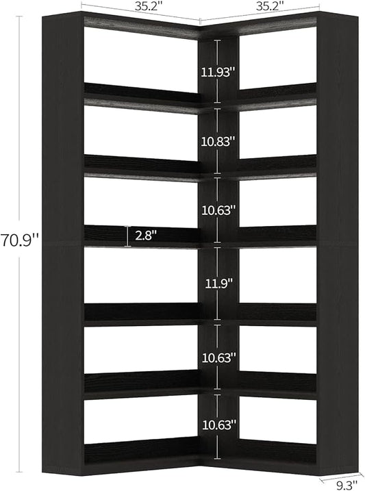 4 EVER WINNER Corner Book Shelf with LED Lights, 71” High Coner Bookshelf with Storage for Living Room, Study Room, Modern Storage Display Industrial L Shaped Bookshelf, Black