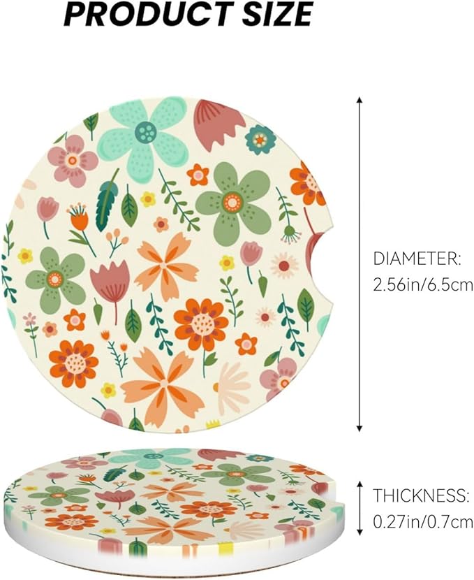 Flower Floral Car Cup Holder Coaster 2 Pack Absorbent Ceramic Car Coasters for Cup Holders Car Accessories Interior for Women Men Universal Anti Slip Cork Base Cup Coasters with Finger Notch