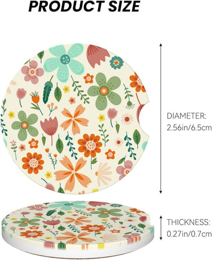 Flower Floral Car Cup Holder Coaster 2 Pack Absorbent Ceramic Car Coasters for Cup Holders Car Accessories Interior for Women Men Universal Anti Slip Cork Base Cup Coasters with Finger Notch