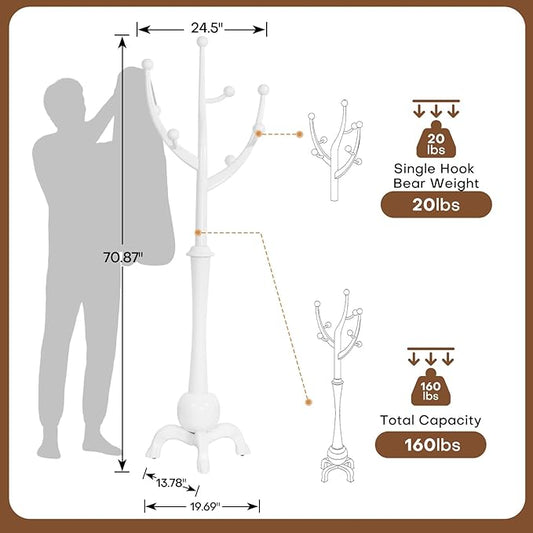 Wooden Coat Rack Freestanding with 8 Hooks, Heavy Duty Coat Hanger Stand with Stable Base, Vintage Coat Tree Standing Coat Racks for Entryway, Hallway, Bedroom (White)
