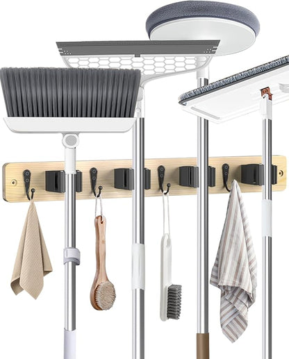 Broom Holder Wall Mounted, Light Wood 4 Holders and 4 Hooks Mop Holder, Wooden Mop and Broom Holder with Anti slip rubber, Natural pine wood Brush Holder, Mop Wall Holde with Nail installation