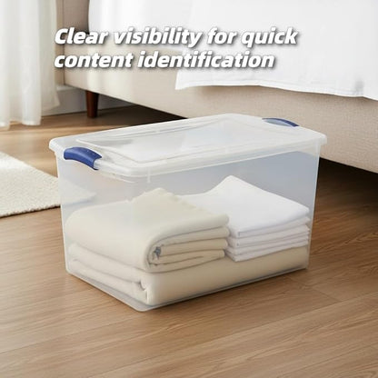 66 Quart Large Clear Plastic Storage Bin – Airtight Latch Lid Container with Blue Handles, Stackable & Durable for Closets, Garages, Dorm Rooms & Basements (Fits Bedding/Seasonal Clothes)