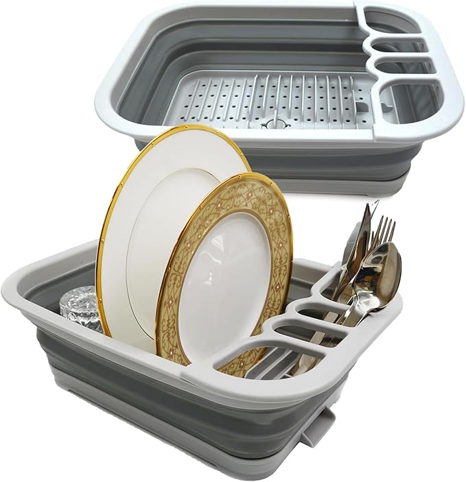 SAMMART Set of 2 Collapsible Dish Drainer with Drainer Board - Foldable Drying Rack Set - Portable Dinnerware Organizer - Space Saving Kitchen Storage Tray (2, Grey)