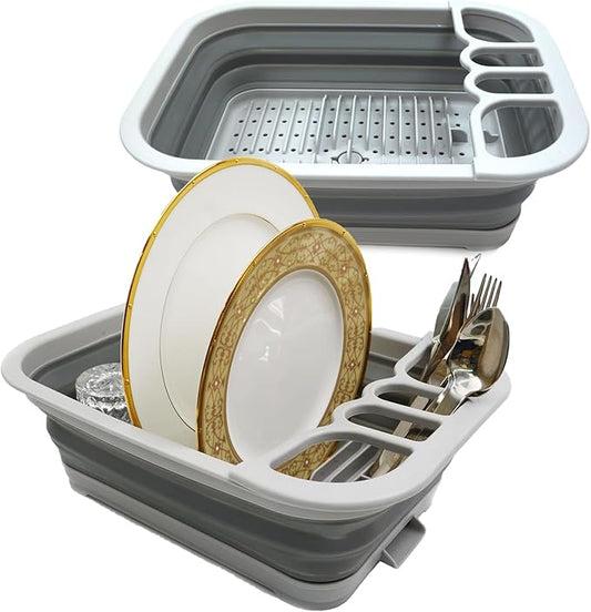 SAMMART Set of 2 Collapsible Dish Drainer with Drainer Board - Foldable Drying Rack Set - Portable Dinnerware Organizer - Space Saving Kitchen Storage Tray (2, Grey)