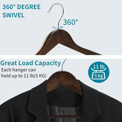 ABHENG 30 Pack Wooden Coat Hangers, 360° Swivel Hook, Suit Hangers with Anti-Slip Notches, for Jackets, Shirts, Dress, Dark Walnut, UAWY0530H