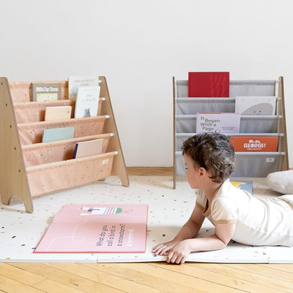 3 Sprouts Recycled Fabric Kids Bookshelf – 4-Tier Sling Book Rack Organizer - Nursery Room Playroom Classroom Wooden Book Shelves - Kid Bookcase Wood Storage Shelf for Toddler Age 3+ - Gray