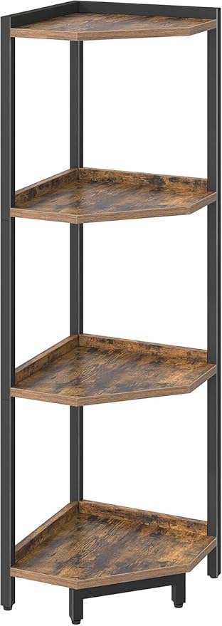 Corner Shelf Stand, Corner Bookshelf, Storage Standing Shelf Unit with Metal Frame, Plant Stand, Corner Bookcase for Living Room, Home Office, Bedroom, 4-Tier Rustic Brown CS05801B
